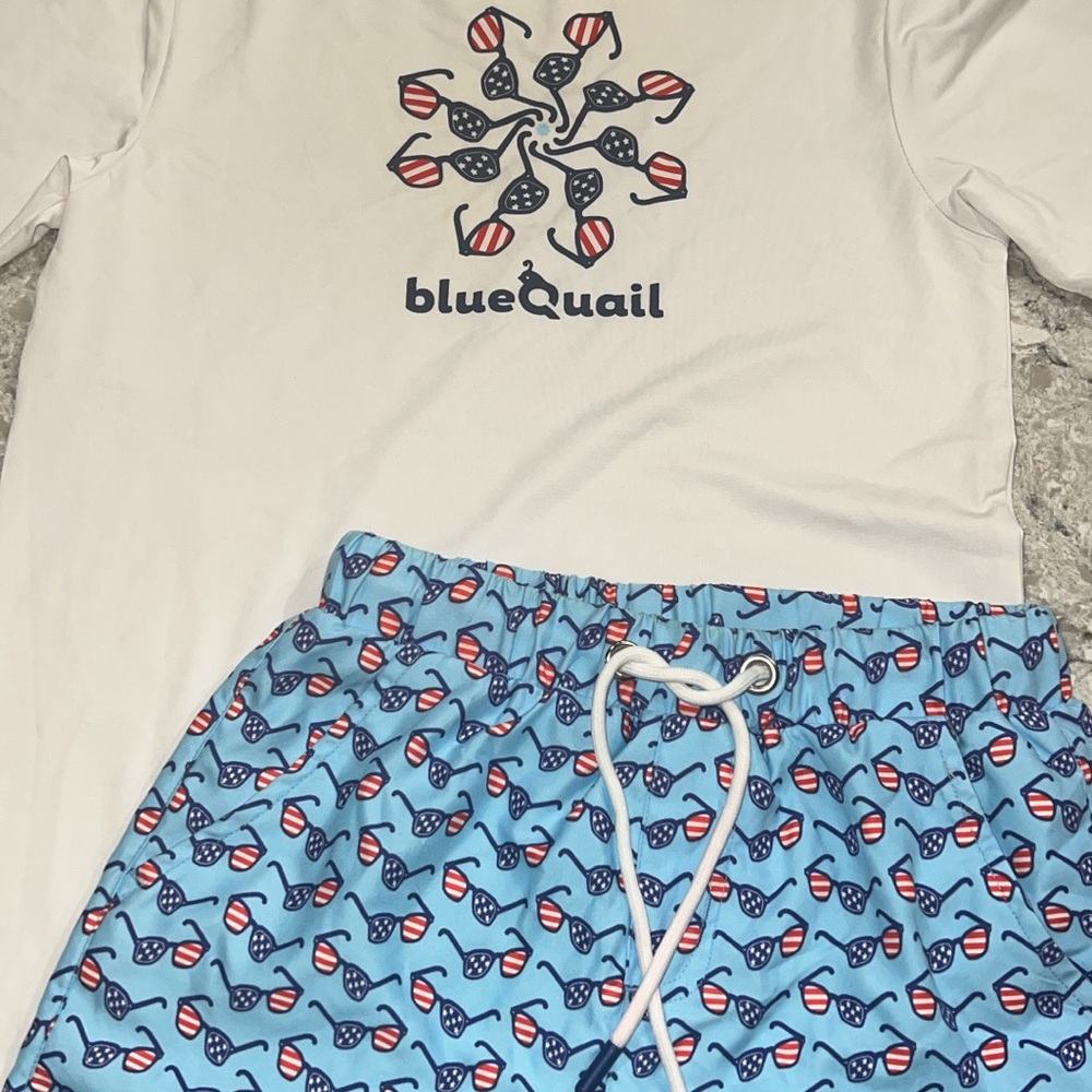 Blue Quail White UPF 50 rash guard and Blue swim trunk Set